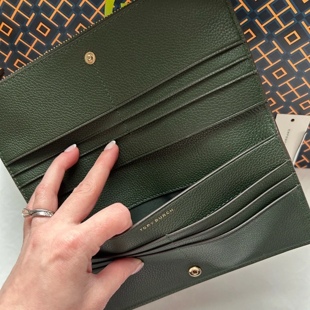 Tory Burch Blake Color Block Slim Envelope Wallet Basil Gold Dark Green